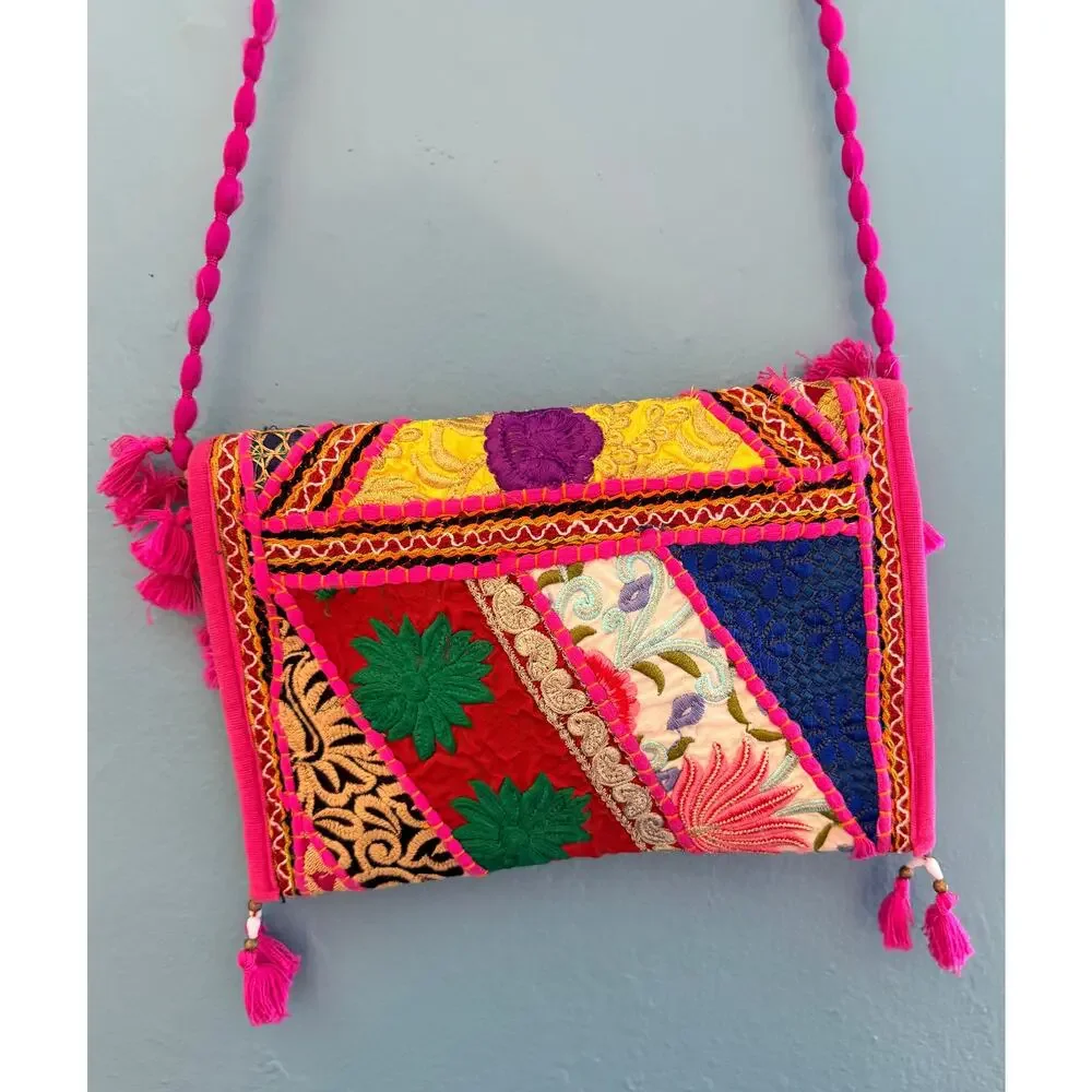 Rajasthani Banjara Patchwork Crossbody Clutch Bag Hot Pink Tassels Mirror Boho